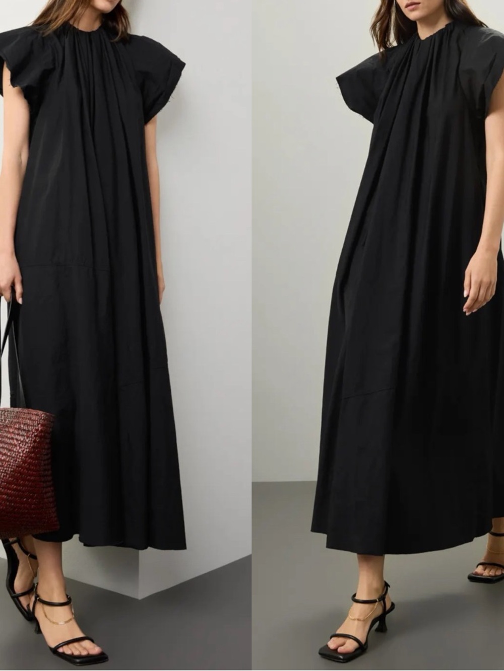 MM6 Maison Margiela Gathered Black Short Sleeve Cotton Maxi Dress Size S/IT 40